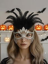 preiswerte Mode-Accessoires-Gatsby-Maskenballmaske für Damen mit Federn und Strasssteinen – elegantes Kostümzubehör für Halloween-Partys, Cocktail-Events und Bälle im Stil der 1920er Jahre