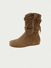 olcso Slouch Boots-Női velúr csizma, fonott bojtos részletekkel, bohém lezser stílusú, kényelmes, lapos talpú cipő, női városi utcai viseletre és mindennapi viseletre.