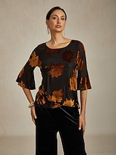 economico Top eleganti-camicetta da donna elegante top in velluto floreale elegante casual girocollo top normali da invitata a nozze quotidiano marrone autunno inverno