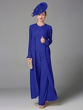 abordables Costumes-pantalons pour maman-Pantalon de mariage à la plage ensemble de 3 pièces mère de la mariée invitée de mariage formelle élégante grande taille avec encolure bateau longueur au sol manches longues enveloppe incluse avec