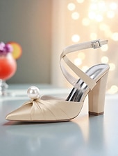 cheap Cocktail-Women&#039;s Blue Satin Block Heel Pumps with Pearl Detail and Ankle Strap - Elegant Pointed Toe Shoes for Formal Occasions and Cocktail Parties