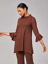 billige Bluser og skjorter-damebluse i kaffebrun chiffong-modal med smal passform og gjennomsiktige ermer, elegant, lett, pustende, kontor, middag, date