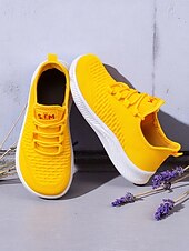 levne Dámské tenisky-Dámské široké žluté tenisky z flyknit pleteniny, lehká ležérní obuv na chůzi pro sport a streetwear