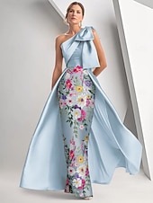 billige Ballkjoler Kveldsdrakter-Blomsterbrodert A-Linje Kveldsdrakt Elegant Kjole Formell Bryllup Gulvlengde Uten Ermer En Skulder Sateng med Sløyfe(r) Splitt