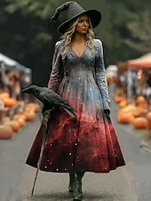 cheap Halloween Dress-Halloween Women&#039;s Midi Dress A Line Dress Vacation Casual Boho Beach Regular Fit Graphic Abstract Long Sleeve V Neck White Dark Red Wine Brown Spring Fall Winter