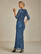 Damen Pailletten Maxikleid Etuikleid Trompete Meerjungfrau Kleid Bodycon Kleid Elegant Formal Cocktailabend Feier Floral 3/4 Länge Ärmel V-Ausschnitt Pfauenblau Frühling Herbst Winter preiswerte abendkleider-Damen Pailletten Maxikleid Etuikleid Trompete Meerjungfrau Kleid Bodycon Kleid Elegant Formal Cocktailabend Feier Floral 3/4 Länge Ärmel V-Ausschnitt Pfauenblau Frühling Herbst Winter