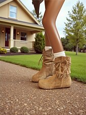 olcso Slouch Boots-Női velúr csizma, fonott bojtos részletekkel, bohém lezser stílusú, kényelmes, lapos talpú cipő, női városi utcai viseletre és mindennapi viseletre.