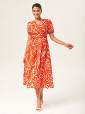 baratos vestido casual estampado-Feminino Vestido casual Vestido midi Preto Azul Laranja Manga Curta Abstrato Verão Primavera Decote V Elegante Férias XS S M