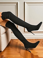 זול מגפי אופנה-מגפי אופנתיים שחורים סריג מעל הברך עם עקב סטילטו לנשים - מגפיים אלגנטיים נמתחים עד הירכיים למסיבות ערב, מועדונים ואירועים רשמיים