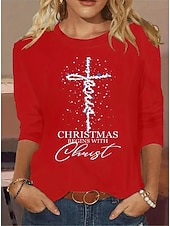 abordables Hauts de Noël-Noël Femmes T-shirt Graphique Lettre Croix ancien Mode Élégant manche longue Col ras du cou Col rond Hauts Réguliers Quotidien Week-end Imprimé Noir Jaune Rouge Bleu Printemps Automne Hiver
