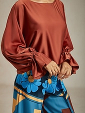 preiswerte Hemden, Tops und Blusen-Satinbraune Juliet-Bluse mit Puffärmeln und Rundhalsausschnitt