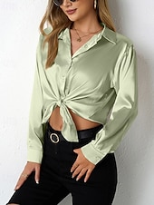 economico Top eleganti-Per donna Camicia Camicia in raso Semplice Elegante Casual Manica Lunga Colletto a Camicia Top Regolari Quotidiano Uscire Bottoni Verde chiaro Cammello Verde Grigio scuro Estate Autunno