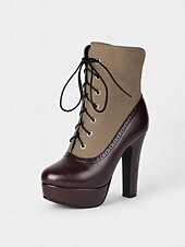 baratos Botas com salto-Botas femininas de salto alto com cadarço cor de vinho – botinhas plataforma estilo brogue vintage com painel de lona para festa e moda de outono