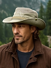 tanie Czapki męskie-Męski kapelusz safari z ochroną przeciwsłoneczną – oddychający, siateczkowy kapelusz wędkarski z szerokim rondem i paskiem pod brodą, idealny na piesze wędrówki, kemping i podróże