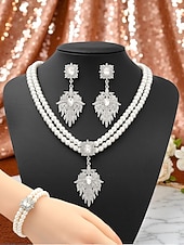 cheap Women&#039;s Necklace-Women&#039;s Pearl Jewelry Set with Crystal Flower Accents - Vintage Gatsby Style Necklace, Earrings and Bracelet for 1920s Party and Cocktail Events