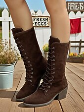 baratos Botas de combate-Botas femininas de cano médio em camurça sintética marrom escuro com salto grosso – botas estilo vintage para outono e inverno e uso diário