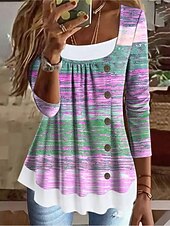 abordables T-shirt rayé et géométrique-Femmes T-shirt A Ombre Graphique Géométrique ancien Élégant Classique manche longue Col carré Hauts Longs Quotidien Week-end Patchwork Boutons Imprimé Rose Claire Bleu Violet Vert Été Printemps