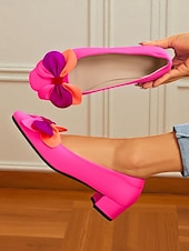 זול Block Heels-נעלי בלט ורודות לוהטות עם עקב נמוך ופפיון תלת-ממדי לנשים - נעלי בלט חמודות בגווני צבע למסיבות, דייטים ותלבושות יומיומיות