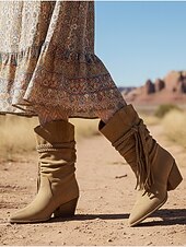 baratos Cowboy &amp; Western Boots-Botas femininas de camurça boêmia de cano médio com design de borlas trançadas e salto grosso - calçado casual estilo retrô western para festas e festivais