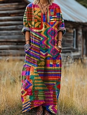 preiswerte Boho Kleid-Damen Maxikleid Sommerkleid A Linie Kleid Urlaub Lässig Boho Geburtstag Täglich Ferien Lässiger Schnitt Blumen Langarm V Ausschnitt Marineblau Leicht Braun Blau Violett Frühling Herbst