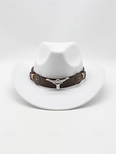 baratos Chapéus Femininos-Chapéu de cowboy masculino com faixa de cabeça de touro – chapéu fedora vintage de feltro com aba larga para rodeio, estilo ao ar livre e presente de Natal