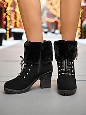  Botas femininas de couro sintético marrom com punho de pele e salto grosso – botas quentes de inverno com cadarço e detalhes de strass para mulheres, perfeitas para uso ao ar livre, casual e de férias