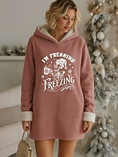 Women's Knee Length Dress Shift Dress Casual Home New Year Loose Fit Graphic Letter Long Sleeve Hooded Pink Fall Winter4