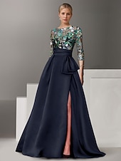 economico Abiti da Sera a Linea A-Abito da Sera A-Line Ricamato Floreale Elegante Formale Matrimonio Lungo Fino al Pavimento Mezza Manica Collo a Camicia di Satin con Fiocco(e) Spacco