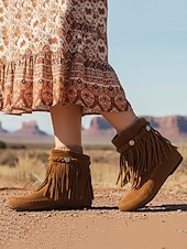 cheap Ankle Boots-Women's Bohemian Fringe Moccasin Boots Soft Suede Flat Ankle Shoes with Retro Detailing for Casual Outfits and Everyday Wear