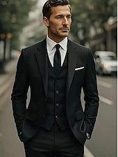 voordelige Bruiloftspakken-Heren Bruiloft Trouwpakken Ingesneden revers Zwart Bordeaux Jurken Effen Standaard pasvorm 3-delige set Enkele rij knopen met twee knopen