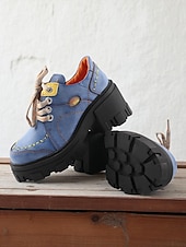 tanie Buty do kostki-Damskie, zielone, skórzane, sznurowane, grube, codzienne buty z prawdziwej skóry – skórzane buty w stylu retro typu oxford, idealne na jesienną modę i spacery na świeżym powietrzu