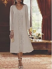 Beach Wedding Two Piece A-Line Mother of the Bride Dress Formal Wedding Guest Elegant V Neck Tea Length Chiffon Lace Sleeveless Jacket Dresses with Beading Sequin 10