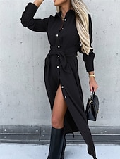 abordables Robe Simple-Femmes Robe Midi Robe trapèze Occasionnel Quotidien Coupe régulière Uni manche longue Revers Noir Rouge Vert Abricot Printemps Automne Hiver