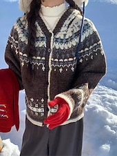 billige stygg genser-Dame Genser Kofte Fair Isle genser Årgang Mote Fritid Geometrisk Riflet Med hette Knapper Strikket Trykt mønster Langermet Vanlige topper Strikke Jul utendørs Daglig kaffe Høst Vinter