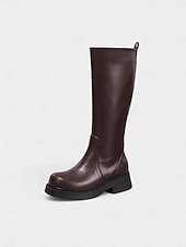 女性用ブラウンニーハイフェイクレザーブーツ - 秋のファッション、学校、アウトドアに最適なモダンスタイルのローヒール乗馬ブーツ お買い得  乗馬ブーツ(じょうばブーツ)-女性用ブラウンニーハイフェイクレザーブーツ - 秋のファッション、学校、アウトドアに最適なモダンスタイルのローヒール乗馬ブーツ