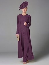 abordables Costumes-pantalons pour maman-Pantalon de mariage à la plage ensemble de 3 pièces mère de la mariée invitée de mariage formelle élégante grande taille avec encolure bateau longueur au sol manches longues enveloppe incluse avec