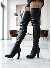 cheap Fashion Boots-Women's Black Faux Leather Over-the-Knee Boots - High Block Heel, Side Zipper, Chic Street Style Winter Footwear for Daily, Nights Out and Fashion Events
