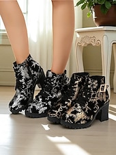 baratos Botas de tornozelo-Botas de cano curto pretas femininas – botas de combate de salto alto e grosso com bordado dourado e detalhe de fivela para festas, saídas à noite e moda streetwear