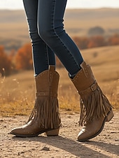 Χαμηλού Κόστους Καουμπόη και δυτικές μπότες-Γυναικείες καφέ μπότες μέχρι το γόνατο με κρόσσια από τεχνητό δέρμα, λεπτομέρειες με τρουκς και χαμηλά τακούνια, μποέμ παπούτσια σε στιλ καουμπόι γουέστερν