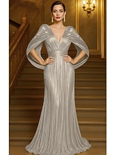 voordelige Zeemeermin Avondjurken-Gouden Sequin A-Lijn Avondjurk Elegante Jurk Formele Bruiloft Vloerlengte Korte Mouwen V-Hals Capes Lurex Stof met Plooien