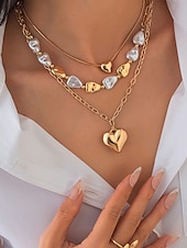 preiswerte Halskette für Damen-Damen-Mehrfachkette mit Herzanhänger – goldenes Kettenhalsband mit Perlenakzenten, Modeschmuck für Partys, Verabredungen und den Alltag
