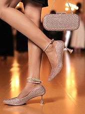 cheap Cocktail-Women&#039;s Green Rhinestone Heels and Matching Clutch Bag Set - Elegant Pointed Toe Pumps with Ankle Strap for Formal Events and Cocktail Parties