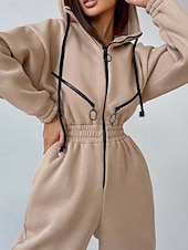 olcso nyaralás jumpsuit-Női Szabályos Jumpsuitek Utcai sikk Színes Hosszú ujj Kapucni Kollázs Cipzár Utca Napi Normál Fehér Arcpír rózsaszín Medence Ősz