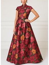baratos Vestidos de Festa Sereia-Linha A Longo Vestidos de baile Vestidos de noite Vestido de Baile Vestido formal Elegante Vintage Manga Curta Ondulado Casamento Natal Bolsos Cetim com Estampa floral