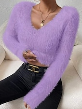 abordables Couleurs unies-Femmes Pull Mode Occasionnel Couleur Unie Côtelé Col en V Tricoté manche longue Hauts Réguliers Tricoter Extérieur Quotidien Week-end Noir Blanche Automne Hiver