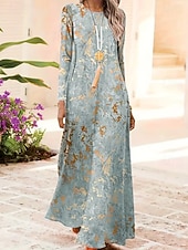 ieftine Rochie boho-Pentru femei Rochie Maxi Rochie A line Rochie de vară Vacanță Casual Boho Zilnic Fit regulat Grafic Geometric Manșon Lung Stil Nautic Negru Maro Deschis Albastru piscină Albastru celest Var