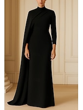 abordables Robes de bal-Robe de soirée fourreau/colonne, cape amovible, élégante, robe de soirée, traîne de mariage, manches 3/4, col haut, crêpe extensible avec fronces, 2025