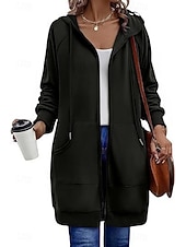 halpa huppari takki-Naisten Huppari takki Mukava Hengittävä Vetoketju Tasku Vapaa-aika Tavallinen Loma Katu Kausaliteetti Arki-asut Vetoketju Pitkä Hupullinen Normaali Pitkähihainen Päällysvaatteet Laivasto Musta