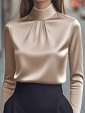 cheap Dressy Tops-Women&#039;s Shirt Dressy Blouse Plain Elegant Stylish Long Sleeve High Neck Regular Tops Work Holiday Going out Ruched Black White Purple Khaki Spring Fall