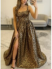 billiga A-linje kvällsklänningar-leopardmönstrad a-linjeformad aftonklänning elegant formell klänning formell golvlång ärmlös fyrkantig halsringning satin med blommigt tryck ficka 2025
